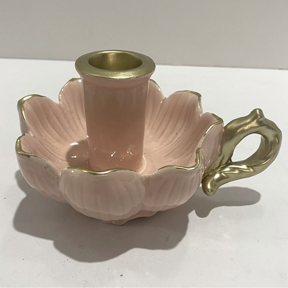 VTG Pink Flower Ceramic Candle Holder Gold Gilt Handle Chamberstick Style